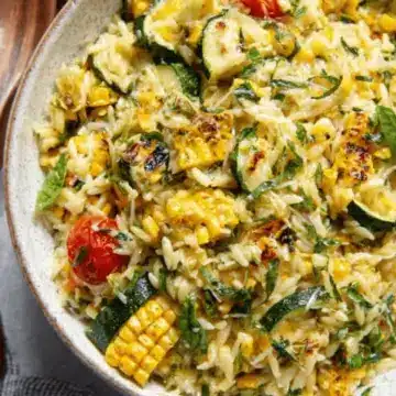 Pesto Zucchini Orzo with Charred Sweet Corn