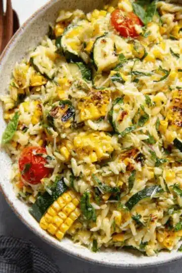 Pesto Zucchini Orzo with Charred Sweet Corn