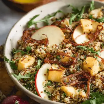 Honey Mustard Quinoa Apple Salad with Crispy Shallots