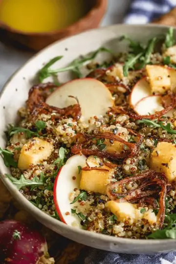 Honey Mustard Quinoa Apple Salad with Crispy Shallots