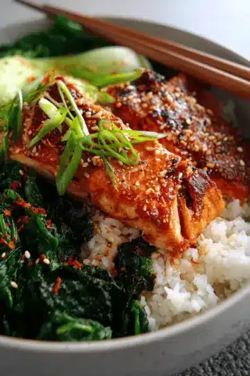 Teriyaki Salmon Bowls with Ginger Sesame Greens & Coconut Rice
