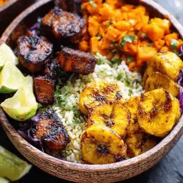 Roasted Plantain and Sweet Potato Rice Bowls