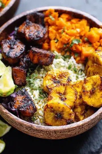 Roasted Plantain and Sweet Potato Rice Bowls