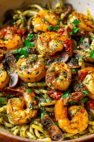 Pesto Shrimp Mushroom Pasta