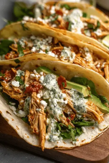 Shredded Chicken Tacos with Creamy Chimichurri Sauce