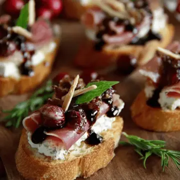 Cranberry, Brie and Prosciutto Crostini with Balsamic Glaze