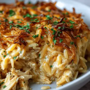 French Onion Chicken Orzo Casserole