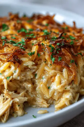 French Onion Chicken Orzo Casserole