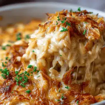 French Onion Chicken Orzo Casserole