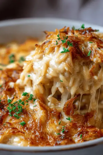 French Onion Chicken Orzo Casserole
