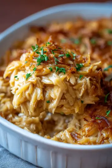 French Onion Chicken Orzo Casserole