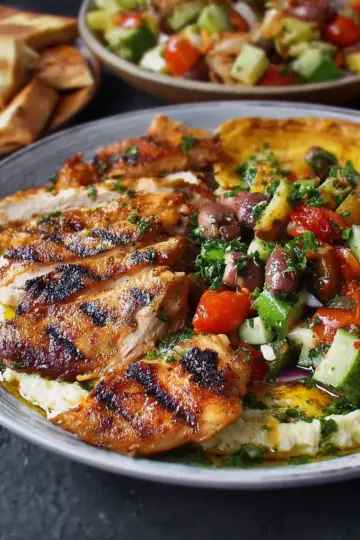 Grilled Chicken with Banana Pepper Dip and Fattoush
