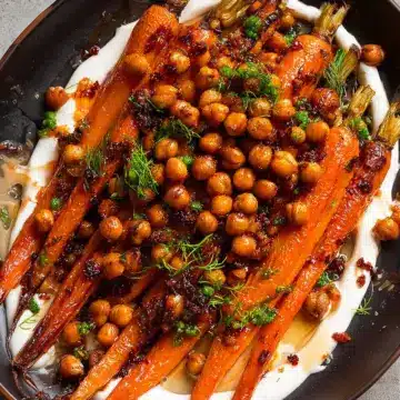 Spicy maple roast carrots with crispy chickpeas and yogurt sauce