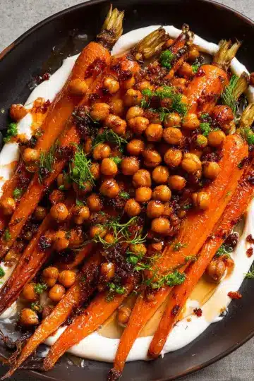 Spicy maple roast carrots with crispy chickpeas and yogurt sauce