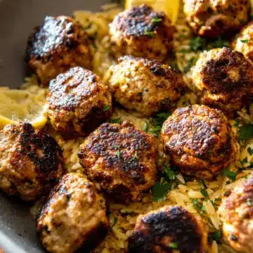 One Skillet Greek Meatballs and Lemon Butter Orzo.