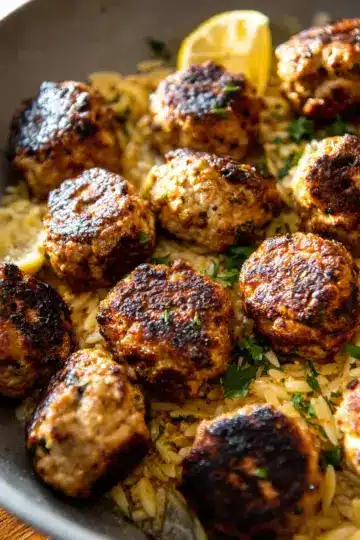 One Skillet Greek Meatballs and Lemon Butter Orzo.