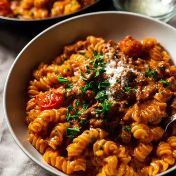 One pot creamy tomato beef pasta