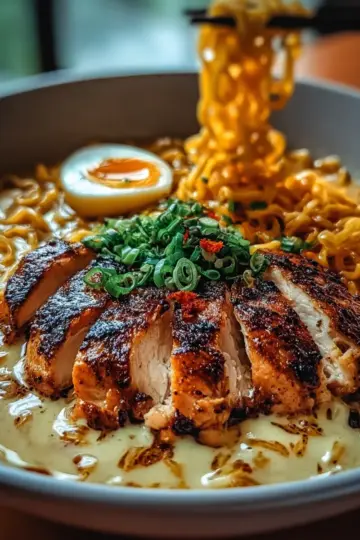 Fiery Chicken Ramen with Creamy Garlic Sauce