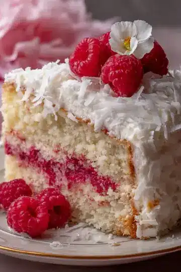Raspberry Swirl Coconut Snowball Cake
