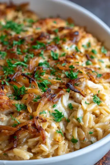 French Onion Chicken Orzo Casserole