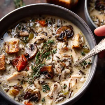 Creamy Wild Rice Chicken Soup with Roasted Mushrooms.