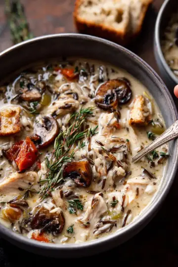 Creamy Wild Rice Chicken Soup with Roasted Mushrooms.
