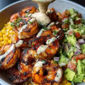 Grilled Shrimp Bowl with Avocado, Corn Salsa & Creamy Sauce