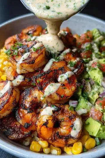 Grilled Shrimp Bowl with Avocado, Corn Salsa & Creamy Sauce