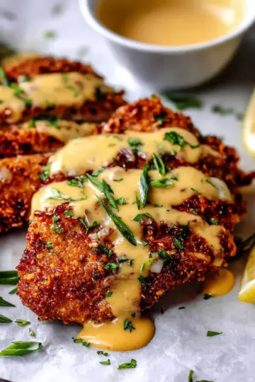 Pretzel Crusted Chicken with Cheddar-Mustard Sauce