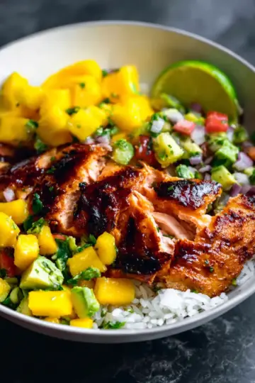 BBQ Salmon Bowls with Mango Avocado Salsa