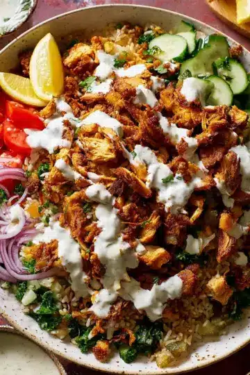 Chicken Shawarma Crispy Rice Salad with Lemon-Tahini Dressing