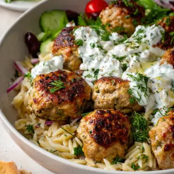 Greek Turkey Meatballs with Orzo and Tzatziki Sauce