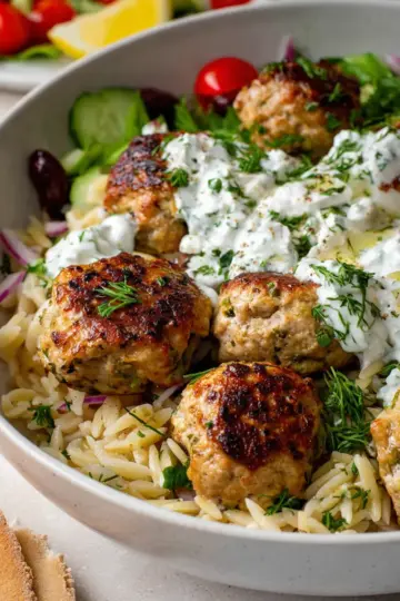 Greek Turkey Meatballs with Orzo and Tzatziki Sauce