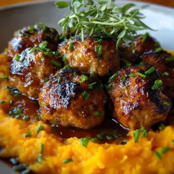Pork Meatballs with Sweet Potato Mash & Bourbon-Maple Sauce