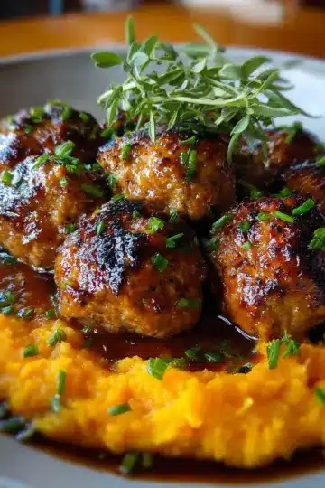 Pork Meatballs with Sweet Potato Mash & Bourbon-Maple Sauce