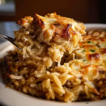 French Onion Chicken Orzo Casserole