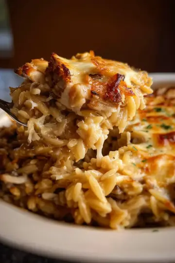 French Onion Chicken Orzo Casserole